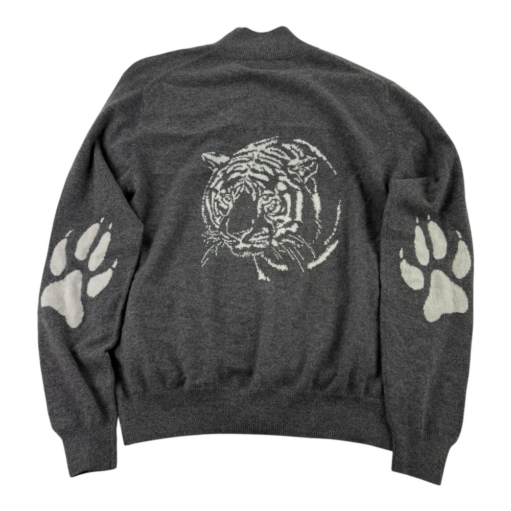 NWT GOYO Gray Pure Cashmere Full Zip Sweater White Tiger & Paw Print Mens Medium